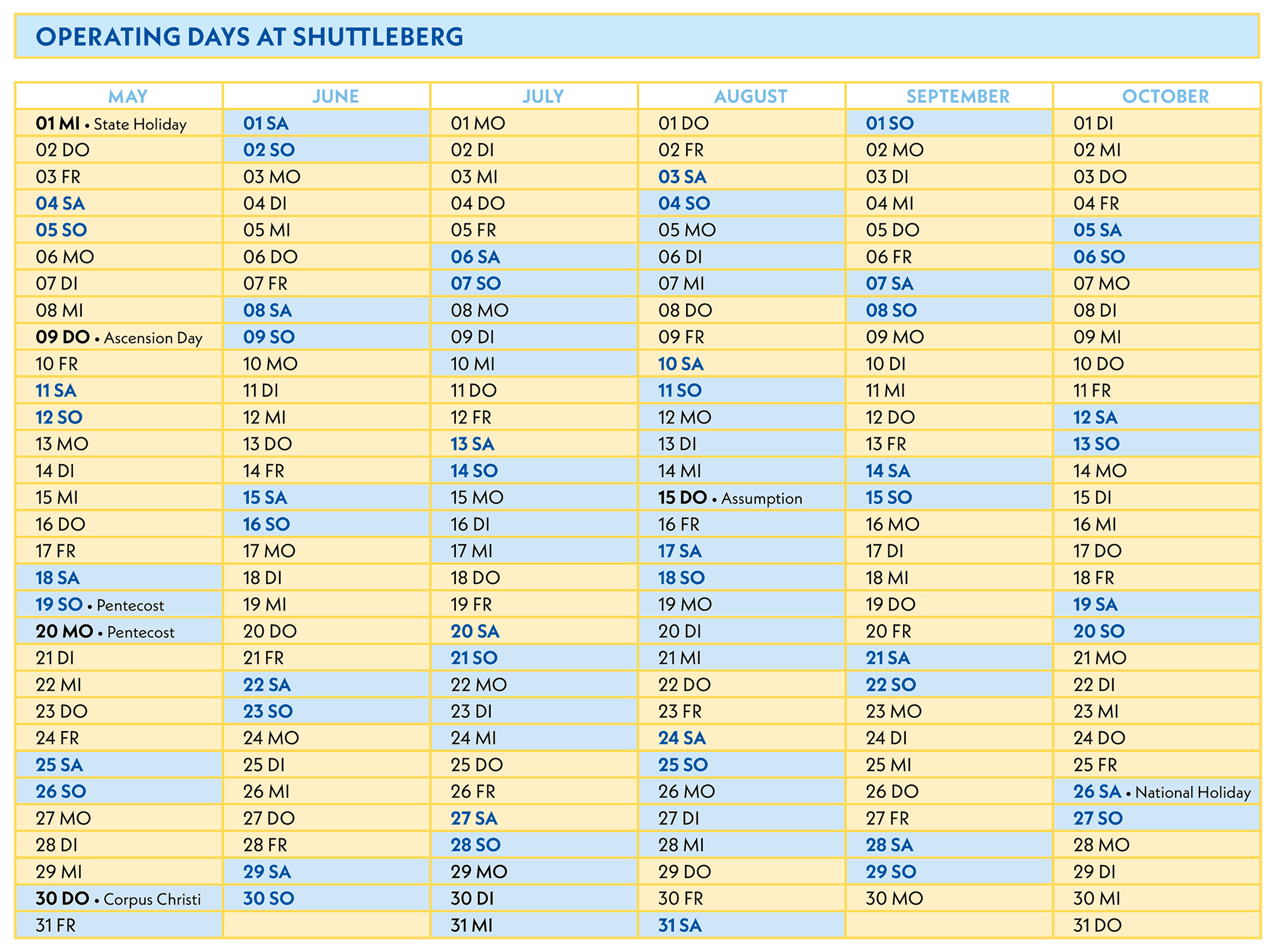 Operating Days Summer