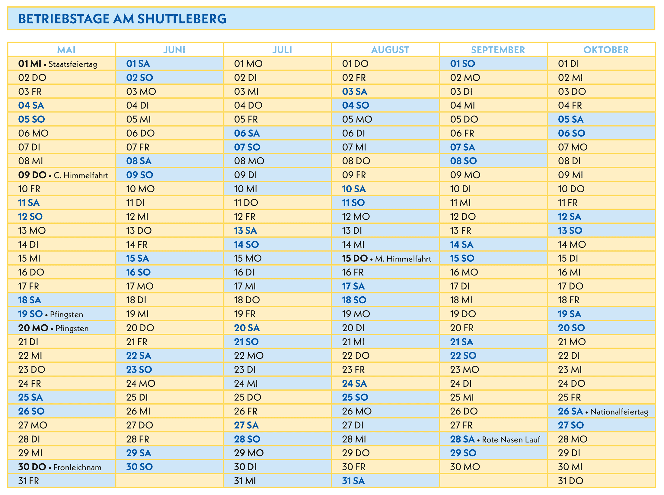 Betriebstage Shuttleberg Sommer